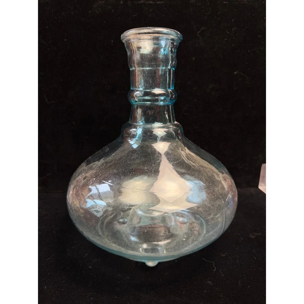 Handblown‎ Light Blue Glass Decanter Vase Tripod Footed Base Ringed Neck 8 inch